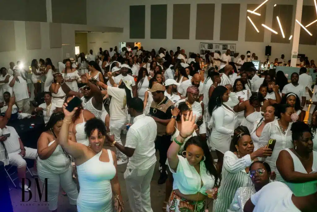 People in all white, large crowd, partying